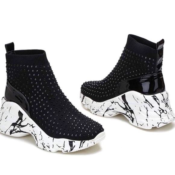 NEW Platform Ankle Stud Sock Black & White Booties-36 - Picture 1 of 14
